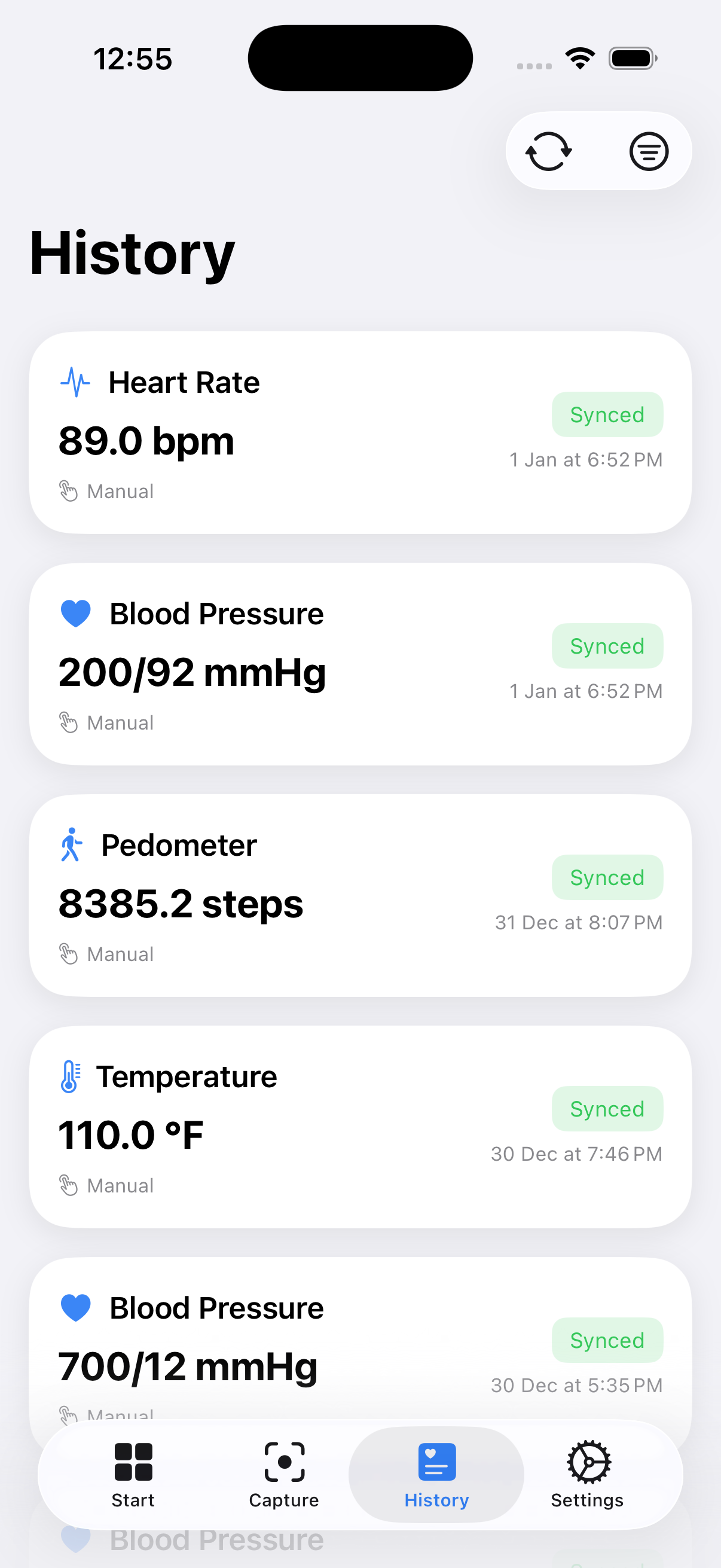 Pulsync app history screen